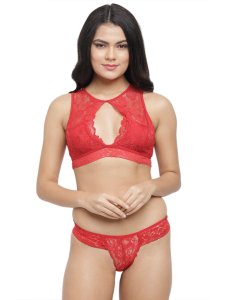 N-Gal Women's Keyhole High Neck Cut Out Bralette Bra Underwear Lingerie V Shape thong Panty Set_red