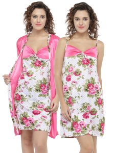 N-Gal Women's Satin Floral Pattern Short Nighty Robe Nightwear_Pink