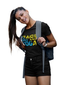 Peace, Love And Yoga Text In Blue And Yellow-Clothes for Yoga Lovers - Suitable For Regular Yoga Going People - Foremost Gifting Material for Your Friends