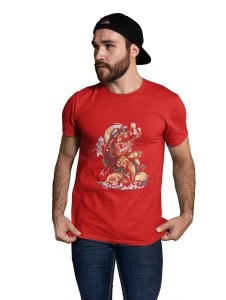 Demon- The Rider Red Round Neck Cotton Half Sleeved T-Shirt with Printed Graphics