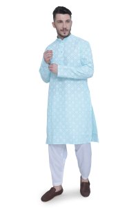 Stylish Feroze Blue Floral Cotton Men's Kurta - Versatile Elegance