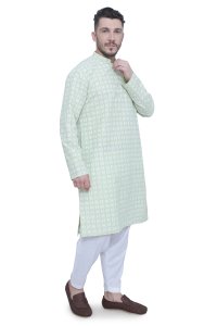 Elegant Pista Green Cotton Men's Kurta with Floral Print