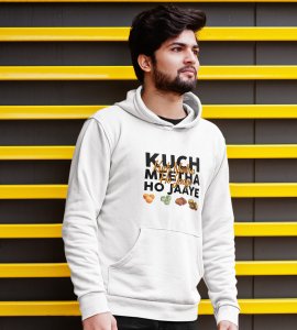 Kuch meetha ho jaye printed diwali themed White Hoodie specially for diwali festival