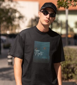 Blur Nights, Black Street Symphony: Front Printed Men's Oversized Tee - Urban Elegance