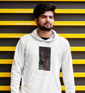 Devilish, City Pulse: ExploreWhite Trendy Front Print Hoodie - Men's Street Style