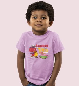 Baseballer Dino, Boys Round Neck Blended Cotton Tshirt
